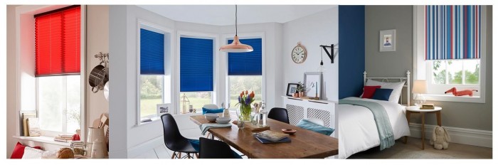 Infusion asc Raspberry & Azure Pleated Blinds & Funky Stripe Sky Roller Blind
